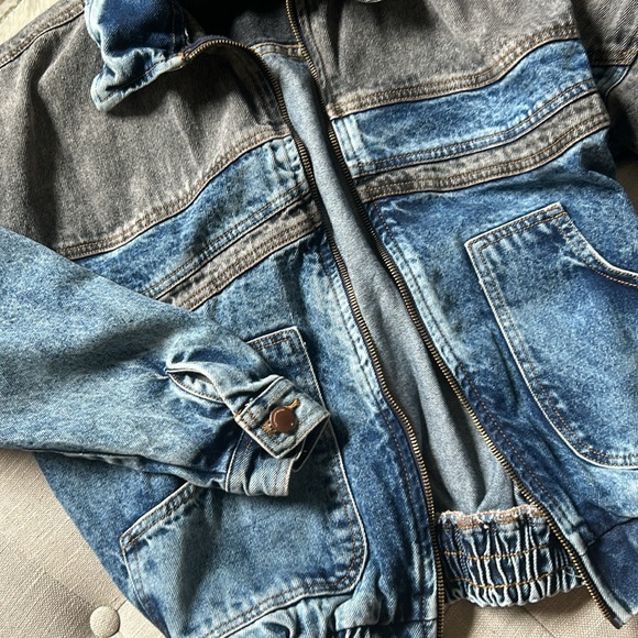 Topmark Two Toned Black Blue Denim Bomber Jacket Size Medium - Picture 2 of 8